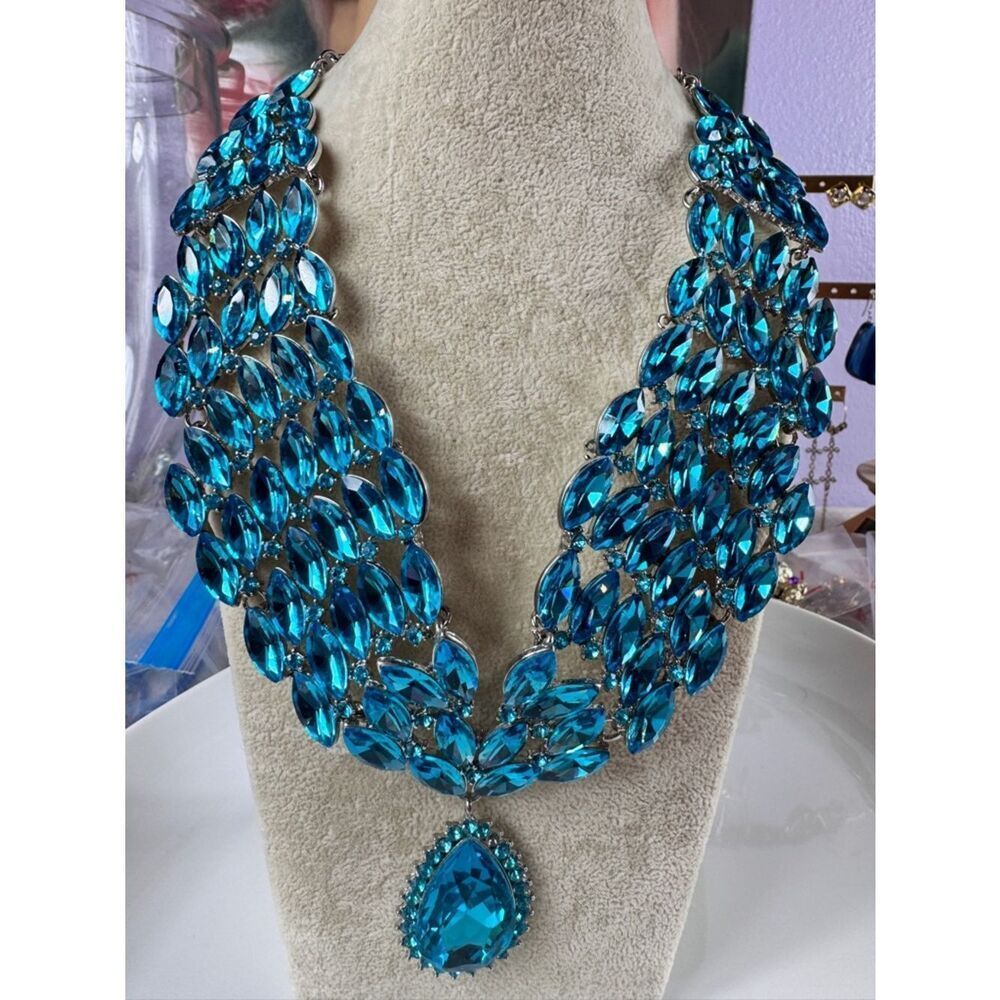 Statement Aqua Blue Crystal Bib Necklace
